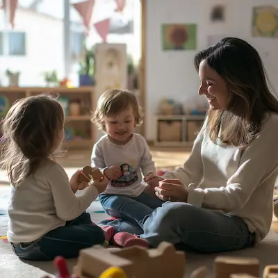 Eine Erzieherin spielt mit zwei Kindern.