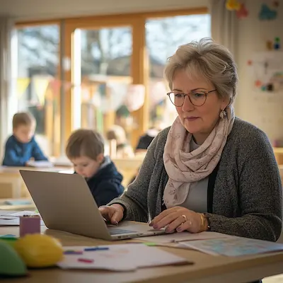 Die Leiterin eines Kindergartens sitzt vor einem Laptop.